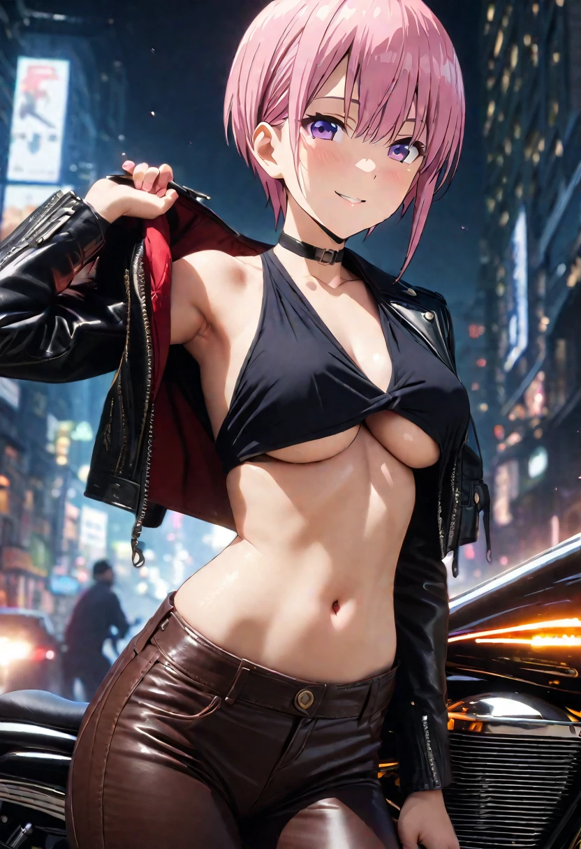 (Highest quality, 4K, 8k, High resolution, masterpiece:1.2), Very detailed, Picturesque, Anime style photo, Photo Animation:1.37)、Japanese、(Pink Hair)、(Pixie Cut)、smile、Black choker、Wearing a leather jacket over a topless outfit、Leather pants、 underboob、Tuck the hem of the shirt, Under breast、Straddling American Motorcycles、whole body、Nakano Ichika