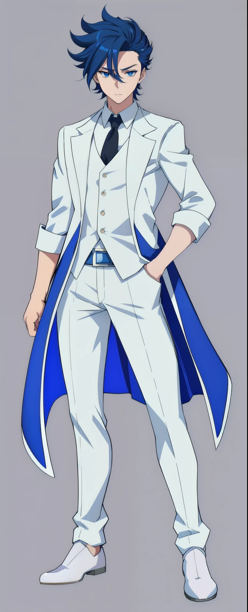 anime boy, dark blue hair, blue eyes, white suit, white coat, white sleeves, simple grey background, (beautiful and aesthetic:1. 5), thick black lineart, clean lineart, perfect lineart, sharp lineart, best quality, high quality, best quality, ultra-detailed, HD, beautiful lighting,