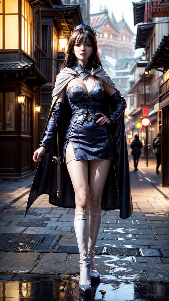 South korea asssassin's creed walk women mystery hooded on with modern royal Blue coat with long and wide sleeves with buttons and royal Blue cape and very high white heel over the knee and white gloves, As she reveals a small secret hidden blade coming from his palm , adding to the characters mysterious, with small movements of air on the cape, in summer at night under the rain, with buildings featuring curved eaves and detailed architecture. sophisticated and highly detailed, ultra hd, realistic, hyper detailed, enhanced colours, ultra sharp focus, with vibrant, rich in details High quality, gorgeous, captivating, 8k, super detailed, stunning shadows, detailed lines, blood stain on coat and gloves, corpses in the street recently murdered