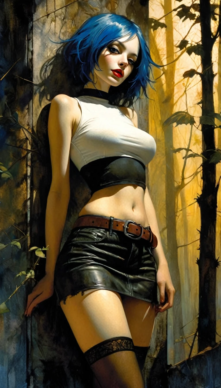 a girl in a sexy outfit with long blue hair, standing next to a big abandoned house in the middle of a forest, 1 girl, alone, navel, looking at viewer, miniskirt, belt, stockings, smile, breasts, choker, thighs, bare shoulders, crop top, tight and plain white t-shirt, eroticism, sexy image, black and white, between shadows, oil painting, chiaroscuro, sensual lighting and dramatic and moody atmosphere, photorealistic, intricate details, masterpiece , ultra detailed, high quality, 8k, best quality, realistic, cinematic, dark and melancholic, expressionistic, powerful composition, emotional impact, { {{,{pussy,spread her Pussy,cum,cum on Pussy ,masterbation,straddling,} ,{{{back,doggystyle,penis,1boy}}} art inspired by Bill. Sienkiewicz and Dave McKean, (best quality, 4k, 8k, high resolution, masterpiece: 1.2), ultra detailed (realistic, photorealistic, photorealistic: 1.37), intricate details, vivid colors, sharp focus, professional, artwork by Dave McKean, surreal oil touch, oil painting style, portrait, woman, beautiful detailed eyes, beautiful detailed lips, dreamlike atmosphere, shadow play, soft lighting, fun pose, dark tones, ethereal background, fantasy elements, texture , layered composition.