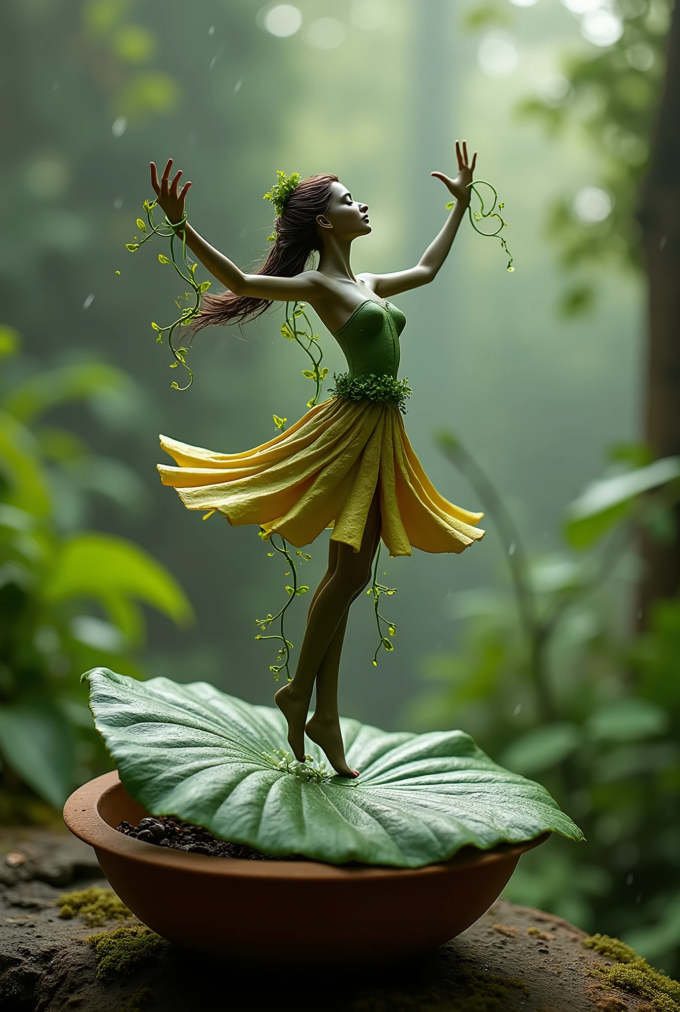 A  whimsical sculpture of graceful dancer made rabet  , poised elegantly on a round leaf atop a rustic claypot; the backround features a lunsh enchanted forset with soft raindrops cascadin down creating a serence and magical atmospher. The dancer”s anms are outstretced; and delicate tendrils of vines curl around her figure enhancing the organic feel the scene is illuminated with soft natural lighting capturing the intricate details of the leaves and the tranquil beauty of the forest setting