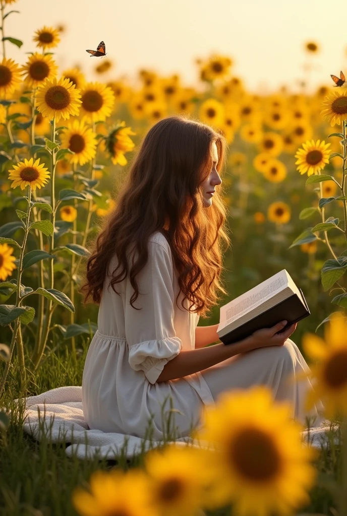 a brunette, of long, curly hair, Reading the Bible, sitting in the middle of a field of sunflowers.