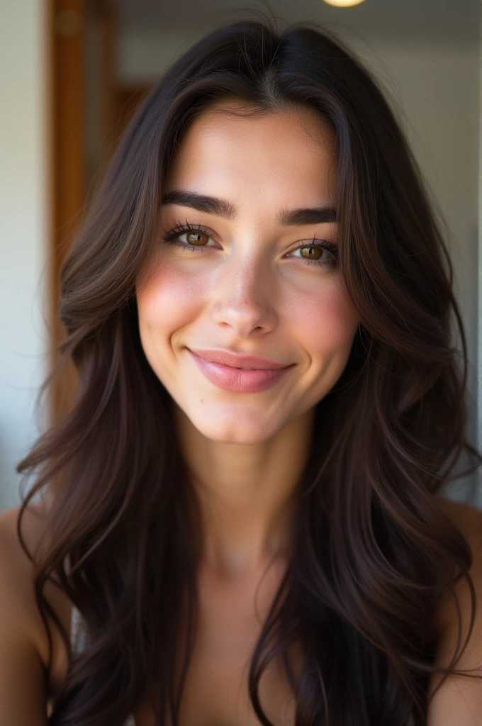 ((best quality)), ((masterpiece)), (detailed), perfect face ((Front facing camera selfie)), 18 yo girl named Zahra Amiri, (straight nose), (prominent nose bridge), (female face golden ratios), long dense dark brown hair, (pale skin:1.25), (hazel eyes), thin eyebrows, high cheekbones, beautiful pink lips, big natural breasts, wearing top tank and trozay, apartment background, smirk