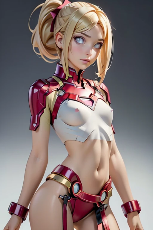 ((best quality)), ((masterpiece)), (detailed), NSFW, small , prominent collarbones, skinny arms, flat stomach, visible hip bones, long hair, red hair, white hair, blonde hair, dark hair, ponytail, thick ponytail, heavy ponytail, Realistic Shadows, Detailed skin, Very small breastsRibbon, Very detailed, highly detailed face, Perfect face shape, Perfect lips, Perfect nose, Correct beautiful eyes, Watching Viewer, Best Quality, Single Girl, Solo, wearin iron man skimpy outfit