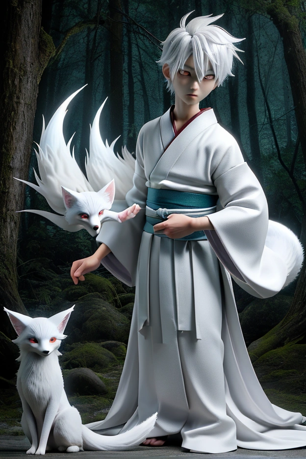 Create a 3D character named Akira, an ethereal kitsune (fox spirit) with the following features: 1. **Appearance**: Akira has luminous white fur with a subtle, otherworldly glow. His eyes are deep blue with a captivating, slightly eerie shine. He has a medium-sized, agile, and elegant body, giving a ghostly impression of floating slightly above the ground. 2. **Clothing**: Akira wears a stylized traditional Japanese outfit with leaf and cloud motifs. The attire should look ancient yet refined, with a flowing scarf that blends seamlessly with shadows. 3. **Expression**: Akira should be looking straight ahead with his face well-lit and clearly visible. He should have a subtle, enigmatic smile that conveys both wisdom and a hint of mystery. 4. **Movement**: Animate Akira with smooth, graceful movements that enhance his spectral nature. His motions should be fluid and hypnotic, adding to his enigmatic aura. 5. **Lighting and Background**: Use soft, diffuse lighting to create a mystical ambiance. Ensure Akira’s face is well-lit, with a gentle illumination highlighting his features. The background should depict a dark, misty forest reminiscent of Aokigahara, with shifting shadows and faint, ghostly lights to enhance the atmosphere of suspense and unease. 6. **Voice and Sound Effects**: Though not necessary for the visual, consider a soft, melodious, and haunting vocal quality if including audio. Add subtle sound effects like whispering winds and forest noises to enhance the overall eerie effect.