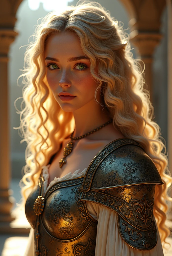 Millefiori glass style,, masterpiece, best quality, 8k, Delicate skin texture, Detailed fabric texture, Beautiful and delicate face, Intricate details, Super detailed, A European girl, Green Eyes, Blondes have curly hair, 3D Characters, Middle Century Knight