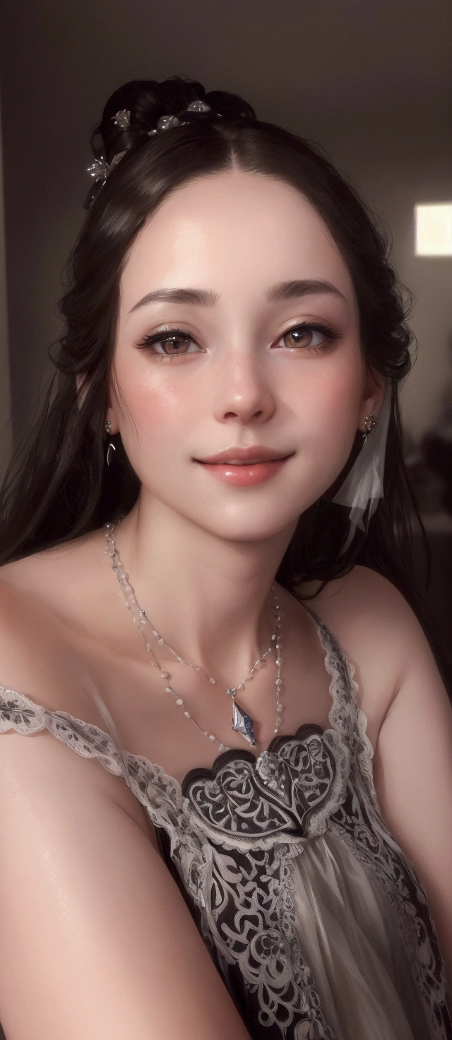 Best quality, masterpiece, high resolution, 1girl, clear silk porcelain dress, beautiful face, hair accessories, looking at the audience, smiling, close your mouth, lips, dress, hair accessories, necklaces, jewelry, long hair, earrings, beautiful face, on the body, Tindal effect, realism, dark studio, edge lighting, two-tone lighting, (high detail skin: 1.2), 8k UHD, DSLR, soft light, high quality, volumetric lighting, photo, high resolution 4K, 8k, blurred background
