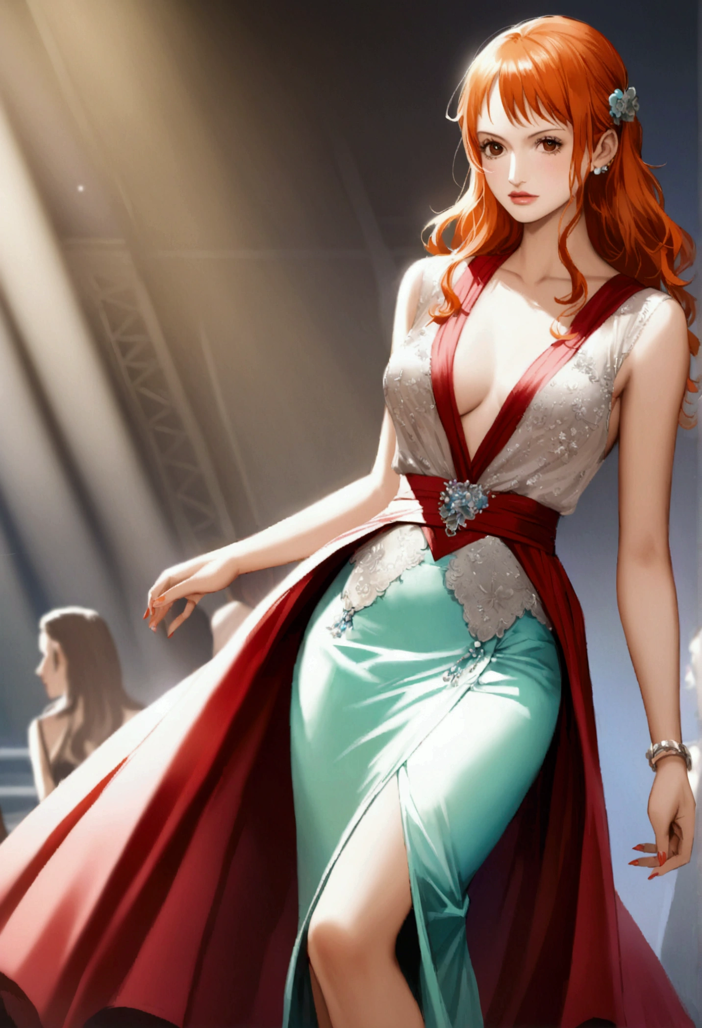 Make a realistic photo of Nami from One Piece, This should look beautiful to everyone、Walking the runway at a fashion show