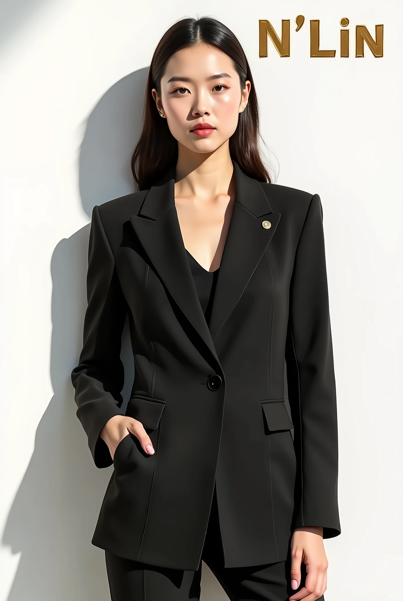 Create a fashion poster featuring a women's blazer as the main product, with the brand name 'N'Lin' prominently displayed in the image. The poster should exude elegance and sophistication, appealing to young women with a refined and trendy sense of style. Use a minimalist design with a clean background, focusing on the blazer's details and quality. The typography should be sleek and modern, and the placement of 'N'Lin' should be tasteful yet noticeable, reinforcing the brand's identity within the high-fashion market.