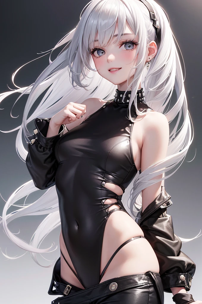 Best Quality,High resolution,8k,(plain white background, no patterns, no textures, just a plain white background:1.3),Masterpiece:1.2),beautiful girl,Glossy romance gray hair,messy hair,Gray eyes,A girl wearing a black leather jacket with metal studs, ripped jeans, and a band T-shirt, embodying a rebellious rock style,Gentle look,A refreshing look,smile,Best quality,Best Quality,Aesthetic and aesthetic:1.2,Best details((Super detailed))(High-definition CG illustrations),Slender body,smile,blush,cute,Scrounge,Looking up,Being spoiled,super model
