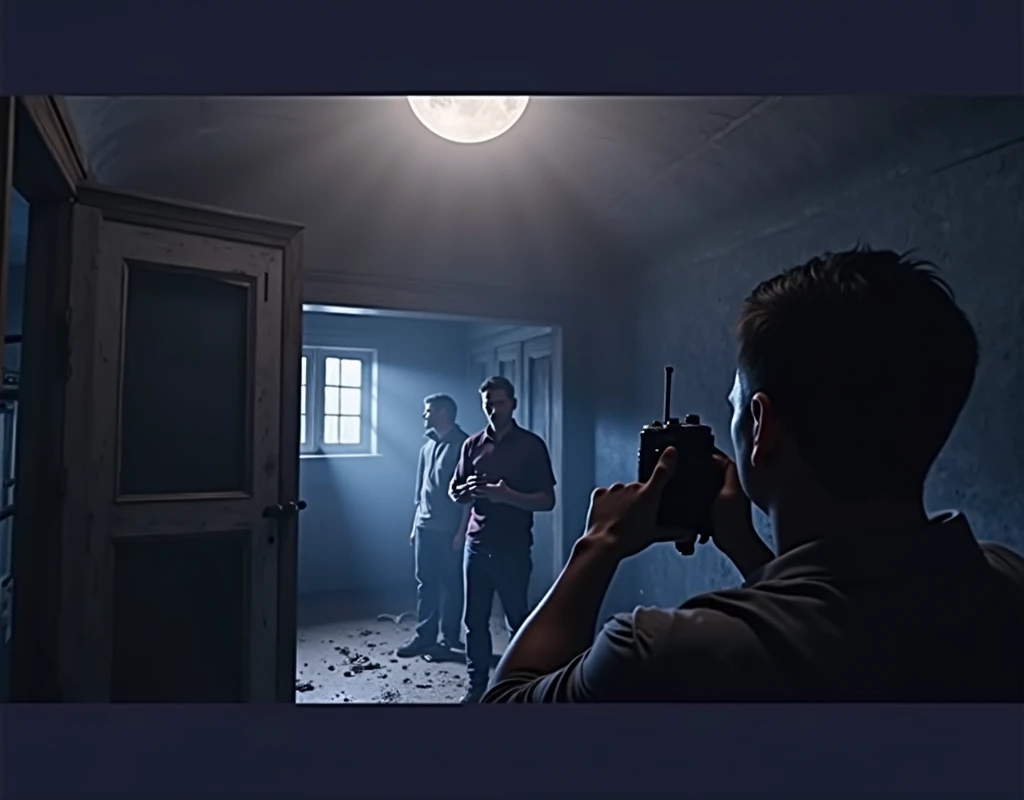 (3 Men:1, no light, no lamps, Moonlight from the window, Dark room:1), various positions in the room, one at the back by the door, in the middle a man with a walkie talkie, Flashlight in hand, Flashlight illuminates the room, Ghost Hunt, (evil spirit in the background:1.4, ghost to recognize in the photo:1.5), (design from the game Phasmophobia, items from the game Phasmophobia), old wooden house, Photo taken from a digital camera, amateur photo, blue filter due to poor camera quality. anime image