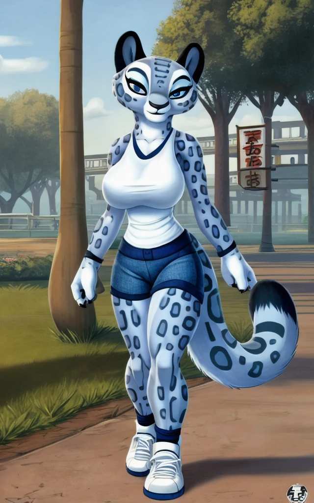 Song character from the Kung Fu Panda series: Legends of Awesomeness, Song is a female snow leopard, with black spotted fur, Gray and white, light blue eyes, slim figure, extremely beautiful face, big breasts, shy and gentle gaze, hot, usa top blanco, short denim shorts, white sneakers with blue patterns, Walking in the park