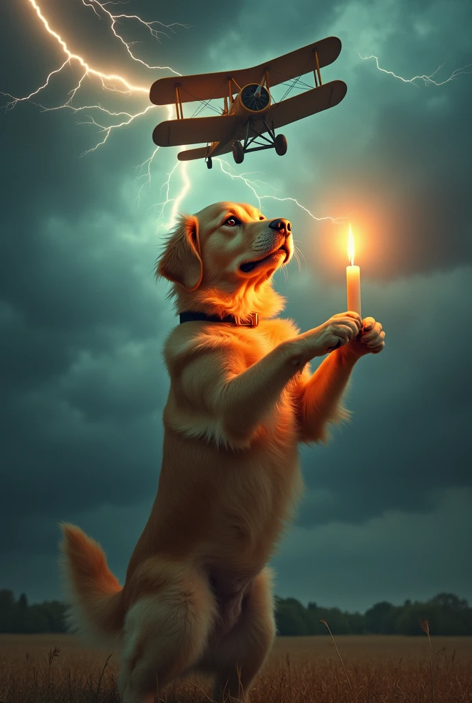 A dog holding a candle and a plane falling 
