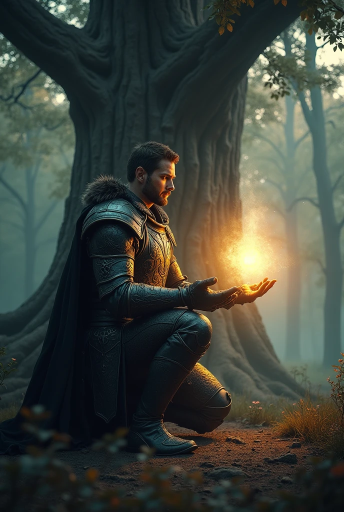 A muscular hero in dark armor kneels and reaches out towards the glowing amulet. The hero's face and outstretched hand are illuminated by the amulet's soft, warm light, creating a light spot of approximately 20 cm around him. The background is the large tree with the amulet hanging from it. The forest remains shrouded in the same ethereal mist, and the lighting on the hero is focused and gentle, with shadows softly blending into the background.
