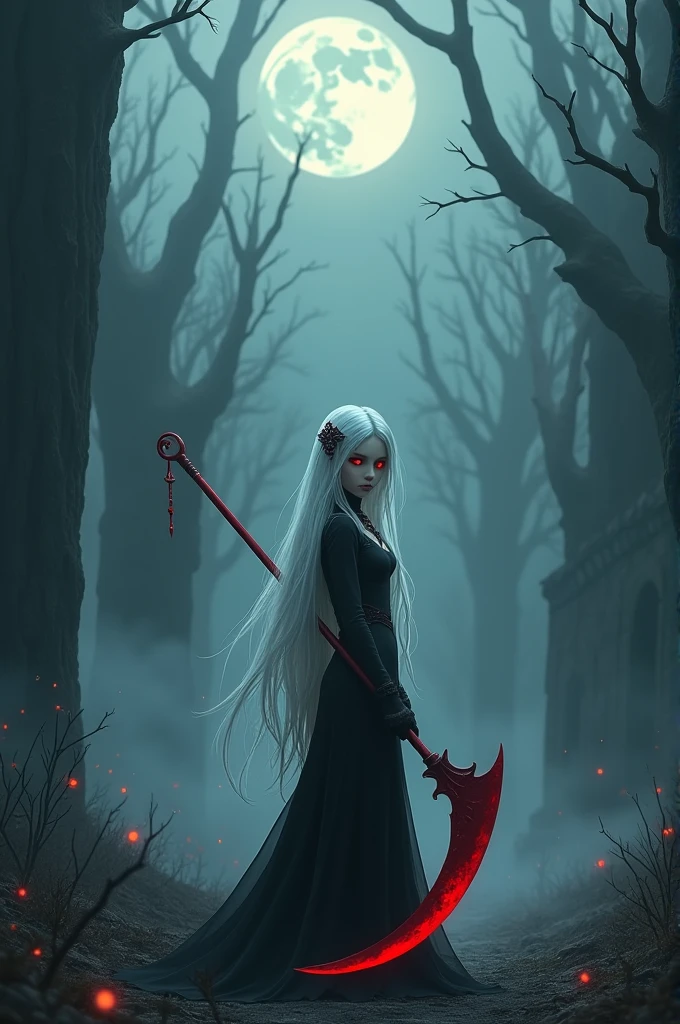 (1girl, solo, alone, Ninym, white hair, red eyes, hair ornament, small breasts, long hair, fitness)), ((solo, (1woman, pink lipstick), Extremely detailed, ambient soft lighting, 4k, perfect eyes, a perfect face, perfect lighting, a 1girl)), ((black dress, long dress, wielding a red scythe, abandoned castle, haunted castle, fog, mist, night, moon smells, dry trees))