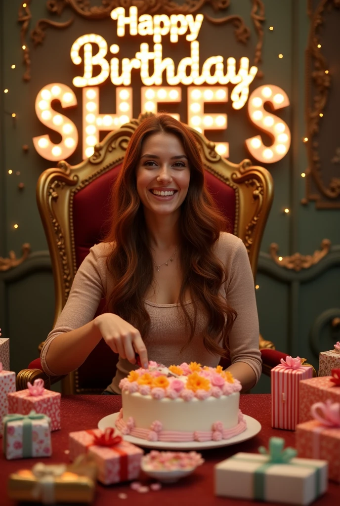 create realistic illusion image of A 24 year old girl is sitting on a king chair and she is cutting the birthday cake, there are many gifts kept next to it and Happy Birthday SHEEE'S, 3d text is written on the back wall