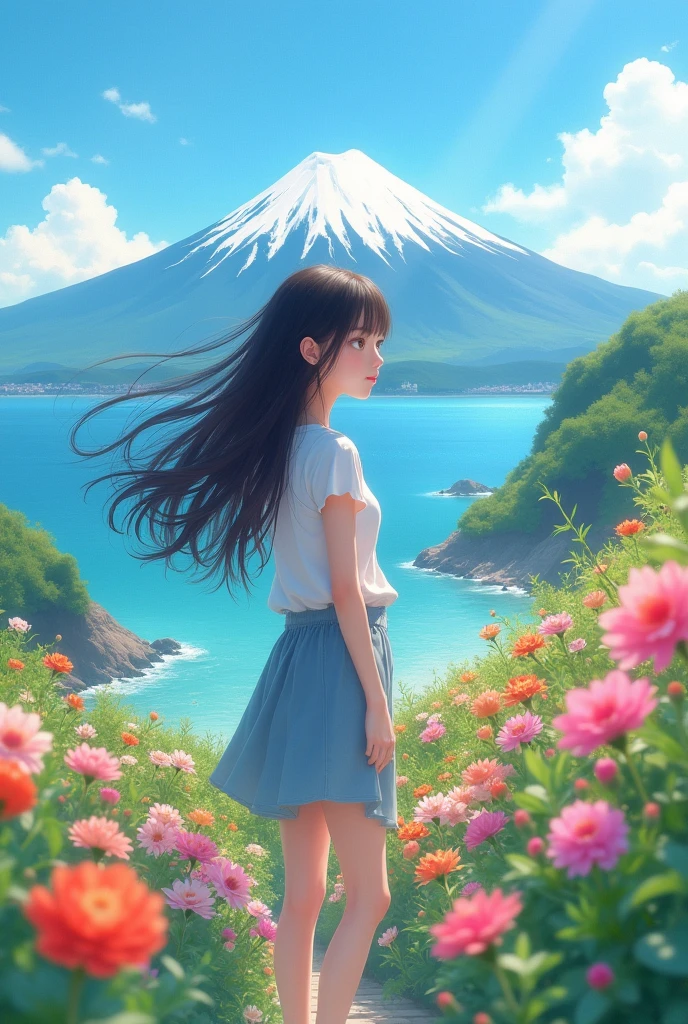 a girl , 20 years old,sea,fuji mountain,high quality,flower garden