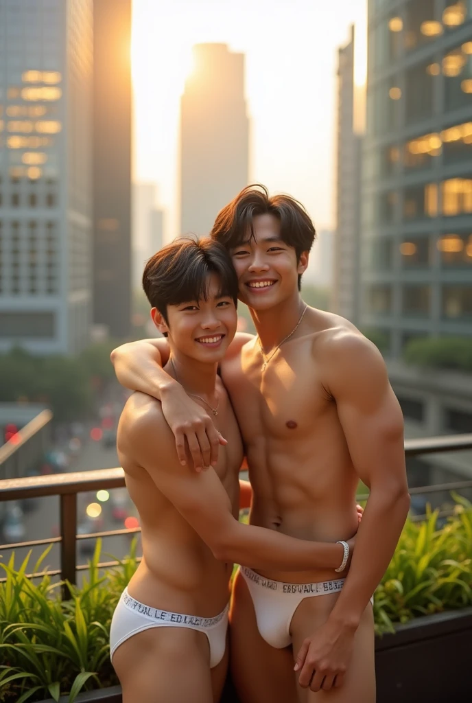 Realistic, highly detailed, Two boys, cute, korean, embrace, strong, Husky, bangs, muscle, sexy, white thong underwear, abs, topless, city