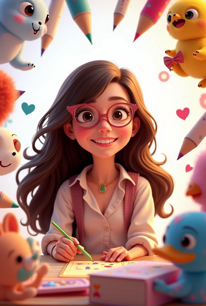 Create a 3D Movie Poster Inspired by Disney Pixar, The scene should be in Pixar's signature digital art style, with a caricature image representing a young woman, with long brown hair, wearing small glasses, with a purple blouse and white background, who works in a stationery store.