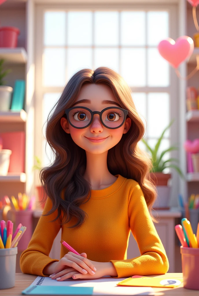 Create a 3D Movie Poster Inspired by Disney Pixar, The scene should be in Pixar's signature digital art style, with a caricature image representing a young woman, with long brown hair, wearing small glasses, with a purple blouse and white background, who works in a stationery store.
