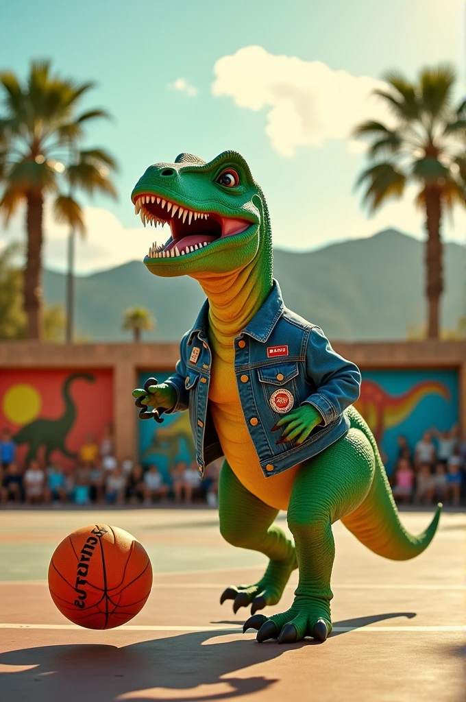 Dinosaur playing basketball wearing a Levi's jacket