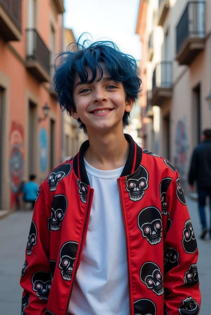 A cheerful boy, about 24 years old, with dark blue hair that's a bit long tied up in a low ponytail and blue eyes, wearing a light red and black jacket with skulls and a white shirt. 