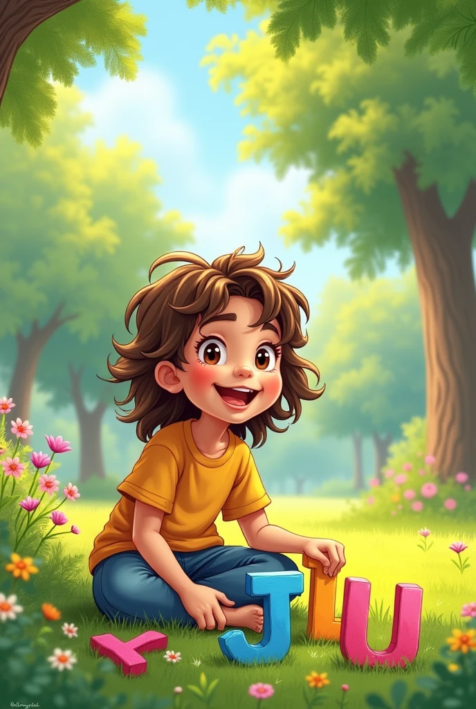 "A 5 year old boy with long wavy brown hair, that reaches below the shoulders, with large, expressive brown eyes, and a round face with honey-toned skin. He is playing with wooden or plastic letters, specifically the letters L, I, J y U, in a park full of color and life. The scene should look like an illustration drawn with colored pencils, with soft and vibrant strokes, and a style reminiscent of a work of art ."