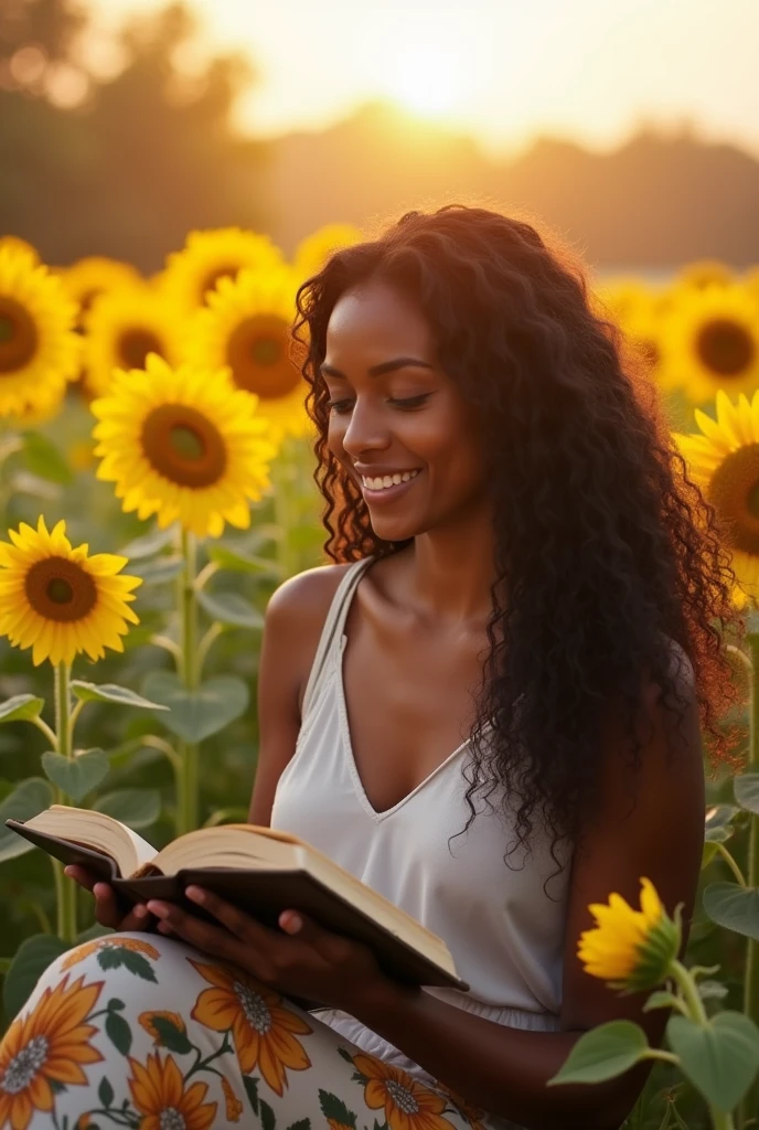 A black woman, black hair, long and curly, Reading the Bible, sitting in the middle of a field of sunflowers.
