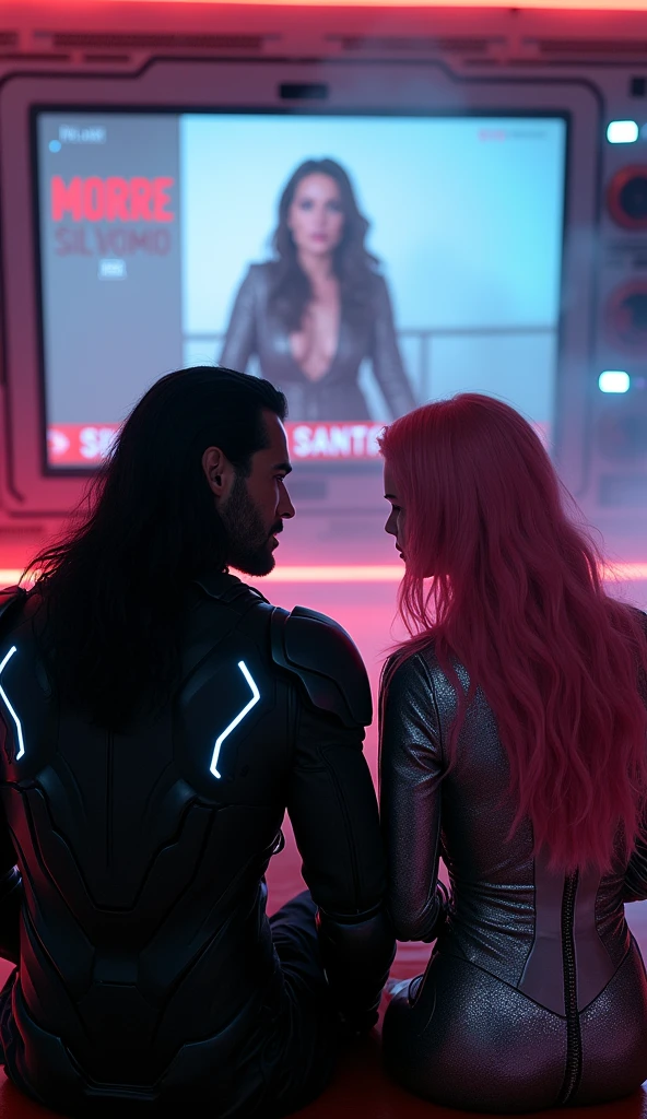 Photorealistic and cinematic image of a strong man with the face of Henry Cavill, long dark hair, wearing black armor with light circuits, is sitting desolately next to a woman with the face of Megan Fox, long pink hair, wearing a silver armor with violet and blue light circuits. Both are sad with their heads bowed. They are sitting on a futuristic sofa in a futuristic and technological environment and facing a screen where the presenter Silvio Santos appears and on the bottom of the screen it says "MORRE SILVIO SANTOS!"
16 thousand photographs. Highest resolution, high detail. High realism, depth of field, kodak portra 800, 105 mm f1 neon red color. Ultra realistic. Ultra detail and texture. Hauntingly beautiful. Professional DSLR lighting and shadows. Inspired by Stanley Kubrick, Tarkovsky, Parajanov, Storaro, Roger Deakins, a hauntingly beautiful work of true, ethereal beauty. Bright aura. vibrant poster cinematic photo, photo, cinematic, poster, vibrant
