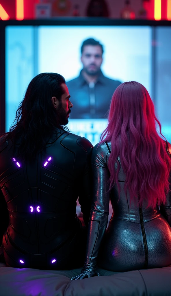 Photorealistic and cinematic image of a strong man with the face of Henry Cavill, long dark hair, wearing black armor with light circuits, is sitting desolately next to a woman with the face of Megan Fox, long pink hair, wearing a silver armor with violet and blue light circuits. Both are sad with their heads bowed. They are sitting on a futuristic sofa in a futuristic and technological environment and facing a screen where the presenter Silvio Santos appears and on the bottom of the screen it says "MORRE SILVIO SANTOS!"

16 thousand photographs. Highest resolution, high detail. High realism, depth of field, kodak portra 800, 105 mm f1 neon red color. Ultra realistic. Ultra detail and texture. Hauntingly beautiful. Professional DSLR lighting and shadows. Inspired by Stanley Kubrick, Tarkovsky, Parajanov, Storaro, Roger Deakins, a hauntingly beautiful work of true, ethereal beauty. Bright aura. vibrant poster cinematic photo, photo, cinematic, poster, vibrant