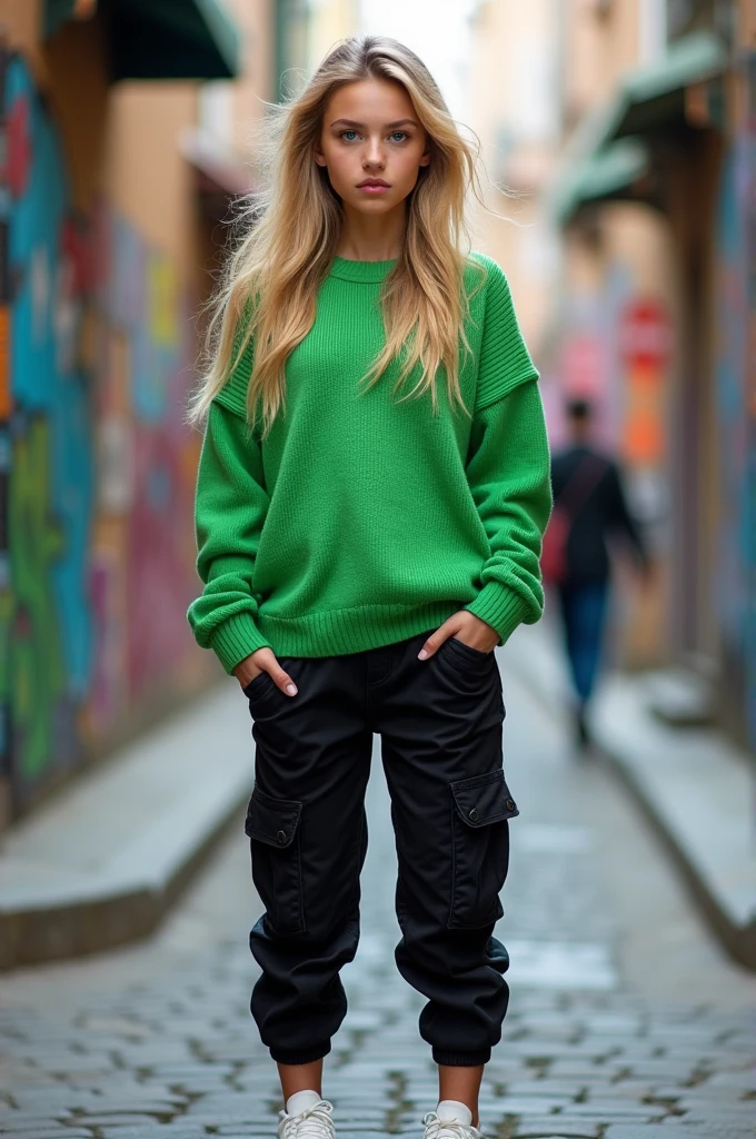 A blonde with blue eyes and a green sweater, a black cargo and white shoes 