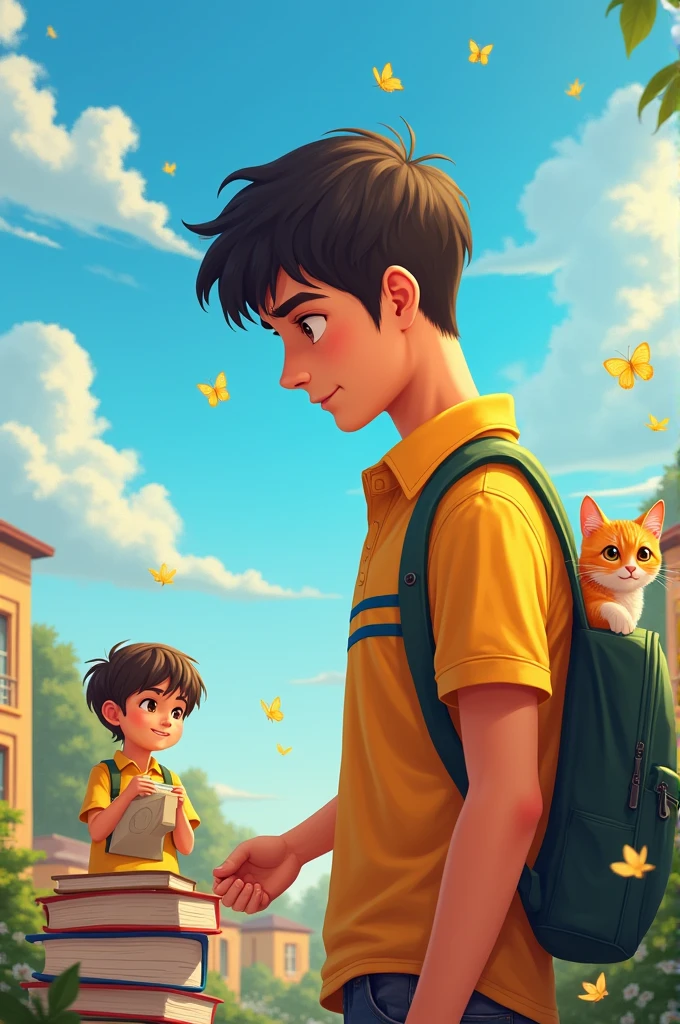 Here are the image prompts for every sentence of the story:
1. "एक छोटे से गाँव में, राजा नाम का एक प्यारा लड़का रहता था।"
- **Prompt**: A small, peaceful village with a young boy named Raja, around 6 years old, with a cheerful and kind expression, standing near a small house with trees and greenery around.
2. "राजा बहुत खुशमिजाज और दयालु था, लेकिन उसके पास कोई दोस्त नहीं था।"
- **Prompt**: Raja sitting alone on the steps of his house, smiling but with a hint of sadness in his eyes as he looks around, wishing for a friend.
3. "एक दिन, वह बगीचे में खेल रहा था, तभी उसे एक छोटा सा बिल्ली का बच्चा दिखाई दिया।"
- **Prompt**: Raja playing in a lush garden when suddenly, a small, cute kitten appears, sitting under a bush, looking hungry and weak.
4. "बिल्ली भूखी और कमजोर दिख रही थी। राजा ने उसे अपने पास बुलाया और उसे दूध पिलाया।"
- **Prompt**: The kitten looking weak and hungry, while Raja kneels beside it, offering a small bowl of milk, smiling warmly.
5. "धीरे-धीरे, राजा और बिल्ली में गहरी दोस्ती हो गई। राजा उसे म्याऊ कहकर बुलाता था।"
- **Prompt**: Raja sitting on the ground with the kitten in his lap, petting it gently. The kitten is purring happily, and Raja lovingly calls it 'Myaoo.'
6. "म्याऊ और राजा हर जगह साथ-साथ जाते थे।"
- **Prompt**: Raja and Myaoo walking together through the village, Raja holding a small stick, and the kitten playfully following beside him.
7. "म्याऊ उसकी किताबों के पास बैठती और राजा के साथ कहानियाँ सुनती।"
- **Prompt**: Myaoo sitting next to Raja as he reads a book, the kitten looking curiously at the pages while Raja narrates the story.
8. "एक दिन राजा बहुत उदास था क्योंकि उसके स्कूल में एक प्रतियोगिता थी, और वह थोड़ा डर रहा था।"
- **Prompt**: Raja looking sad and anxious, sitting at a table with schoolbooks spread around, thinking about the upcoming competition.
9. "म्याऊ ने धीरे से उसकी गोद में आकर बैठ गई।"
- **Prompt**: The kitten, Myaoo, gently climbs into Raja's lap, snuggling close, comforting him wi