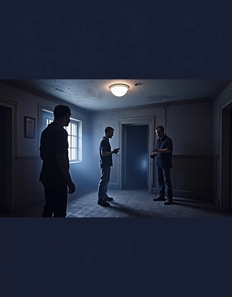 (3 Men:1, no light, no lamps, Moonlight from the window, Dark room:1), various positions in the room, one at the back by the door, in the middle a man with a walkie talkie, Flashlight in hand, Flashlight illuminates the room, Ghost Hunt, (evil spirit in the background:1.4, ghost to recognize in the photo:1.5), (design from the game Phasmophobia, items from the game Phasmophobia), old wooden house, Photo taken from a digital camera, amateur photo, blue filter due to poor camera quality. anime image