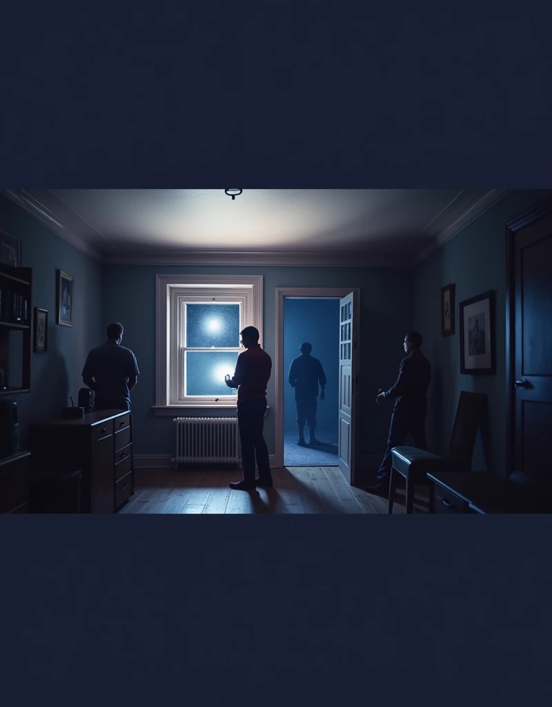 (3 Men:1, no light, no lamps, Moonlight from the window, Dark room:1), various positions in the room, one at the back by the door, in the middle a man with a walkie talkie, Flashlight in hand, Flashlight illuminates the room, Ghost Hunt, (evil spirit in the background:1.4, ghost to recognize in the photo:1.5), (design from the game Phasmophobia, items from the game Phasmophobia), old wooden house, Photo taken from a digital camera, amateur photo, blue filter due to poor camera quality. anime image