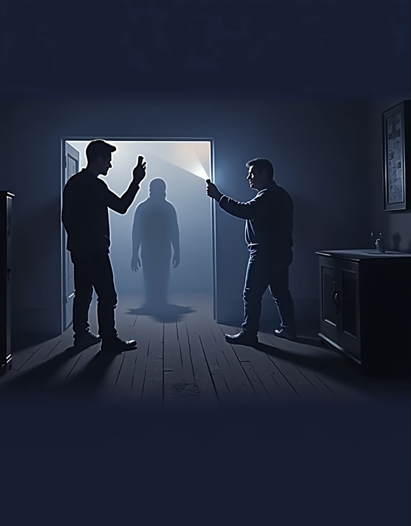 (3 Men:1, no light, no lamps, Moonlight from the window, Dark room:1), various positions in the room, one at the back by the door, in the middle a man with a walkie talkie, Flashlight in hand, Flashlight illuminates the room, Ghost Hunt, (evil spirit in the background:1.4, ghost to recognize in the photo:1.5), (design from the game Phasmophobia, items from the game Phasmophobia), old wooden house, Photo taken from a digital camera, amateur photo, blue filter due to poor camera quality. anime image