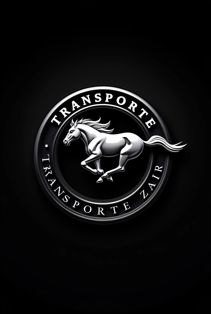 Circular logo of a company whose name is Transporte Zair,with a black background and that has the Mustang horse 