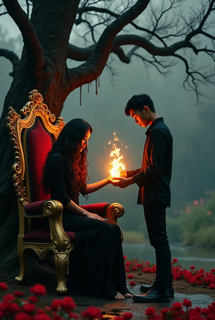 A young Brazilian woman with long hair down to her feet, Rapunzel style ,curly and black, IN A BLACK DRESS, barefoot, sitting on a golden throne with red roses,with a dead tree bleeding in the background, on a rainy night ,very dark night, a black haired asian man , in black pants and a black shirt standing next to her, with fire magic in his hands looking forward