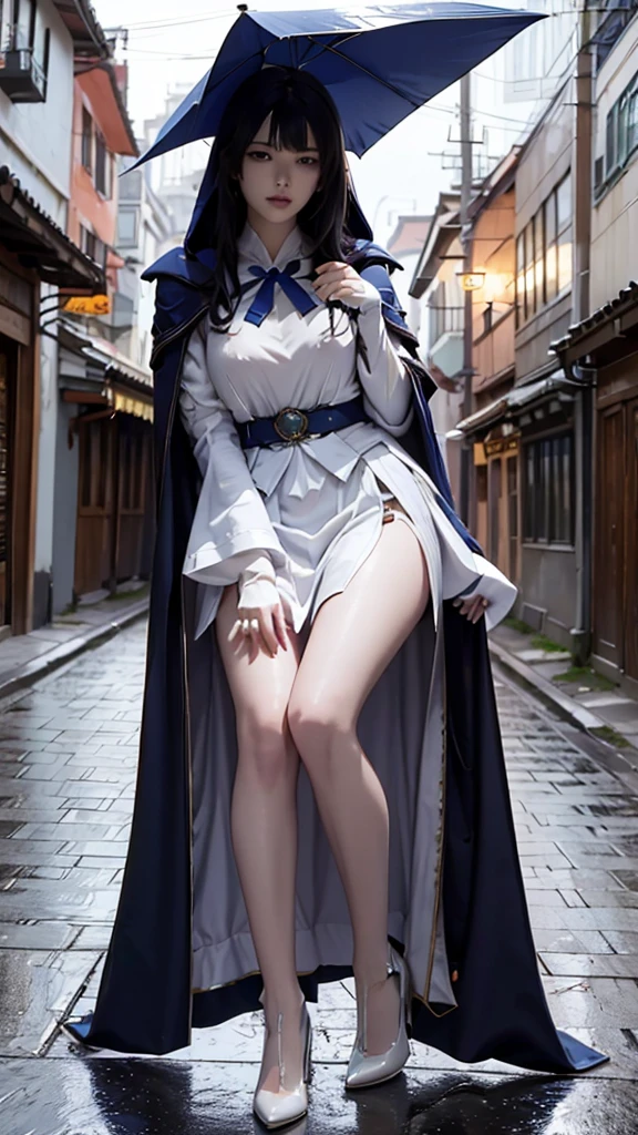 South korea asssassin's creed walk women mystery hooded on with modern royal Blue coat with long and wide sleeves with buttons and royal Blue cape and very high white heel over the knee and white gloves, As she reveals a small secret hidden blade coming from his palm , adding to the characters mysterious, with small movements of air on the cape, in summer at night under the rain, with buildings featuring curved eaves and detailed architecture. sophisticated and highly detailed, ultra hd, realistic, hyper detailed, enhanced colours, ultra sharp focus, with vibrant, rich in details High quality, gorgeous, captivating, 8k, super detailed, stunning shadows, detailed lines, blood stain on coat and gloves, corpses in the street recently murdered