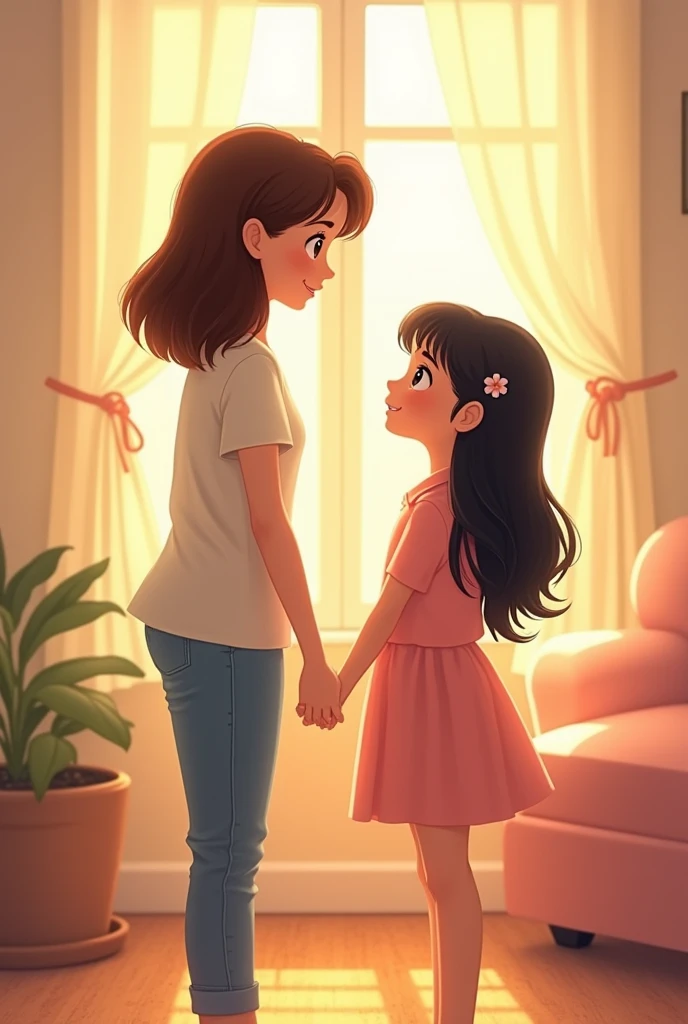 Sisters who love each other, Older sister tall with short, wavy, brown hair and her younger sister short with long, straight, black hair