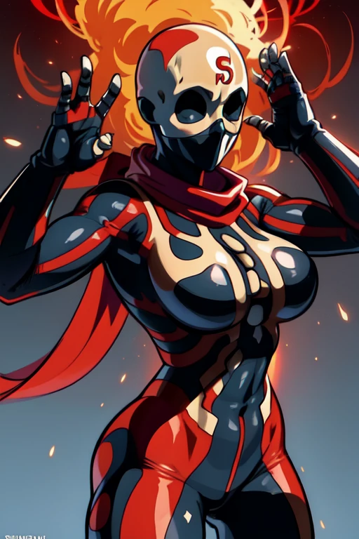 Skullomania,  bodysuit,skin tight, red scarf, S on forehead,
solo, upper body, standing,  pose,  large breasts,
explosion in background,
(insanely detailed, beautiful detailed face, masterpiece, best quality) cinematic lighting,
