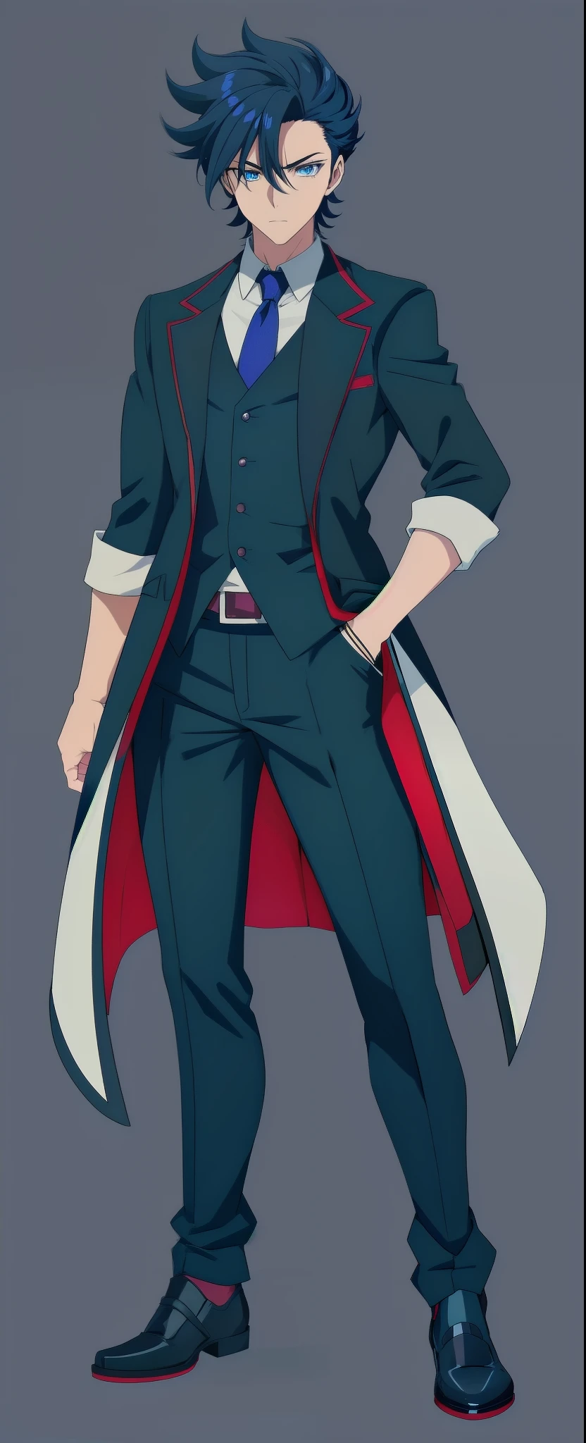 anime boy, dark blue hair, blue eyes, black suit, black coat, blue tie, simple grey background, (beautiful and aesthetic:1. 5), thick black lineart, clean lineart, perfect lineart, sharp lineart, best quality, high quality, best quality, ultra-detailed, HD, beautiful lighting, 