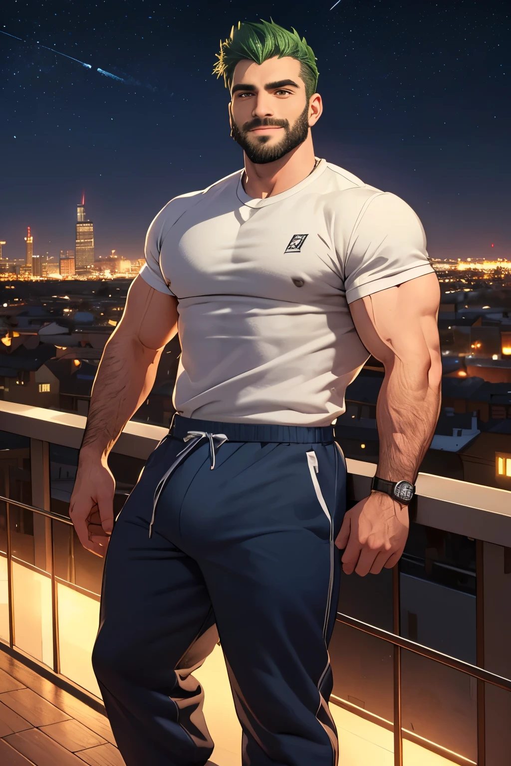 green hair ,white handsome man, 30 years old, (wearing blue sweatpants), hairy,bulge, stubble beard, robust, hunky, stocky, casual pose, detailed, masculine, daddy, terrace, city ​​in the background, starry night,smiling (best quality, 4k, 8k, high resolution, masterpiece: 1.2), detailed facial features