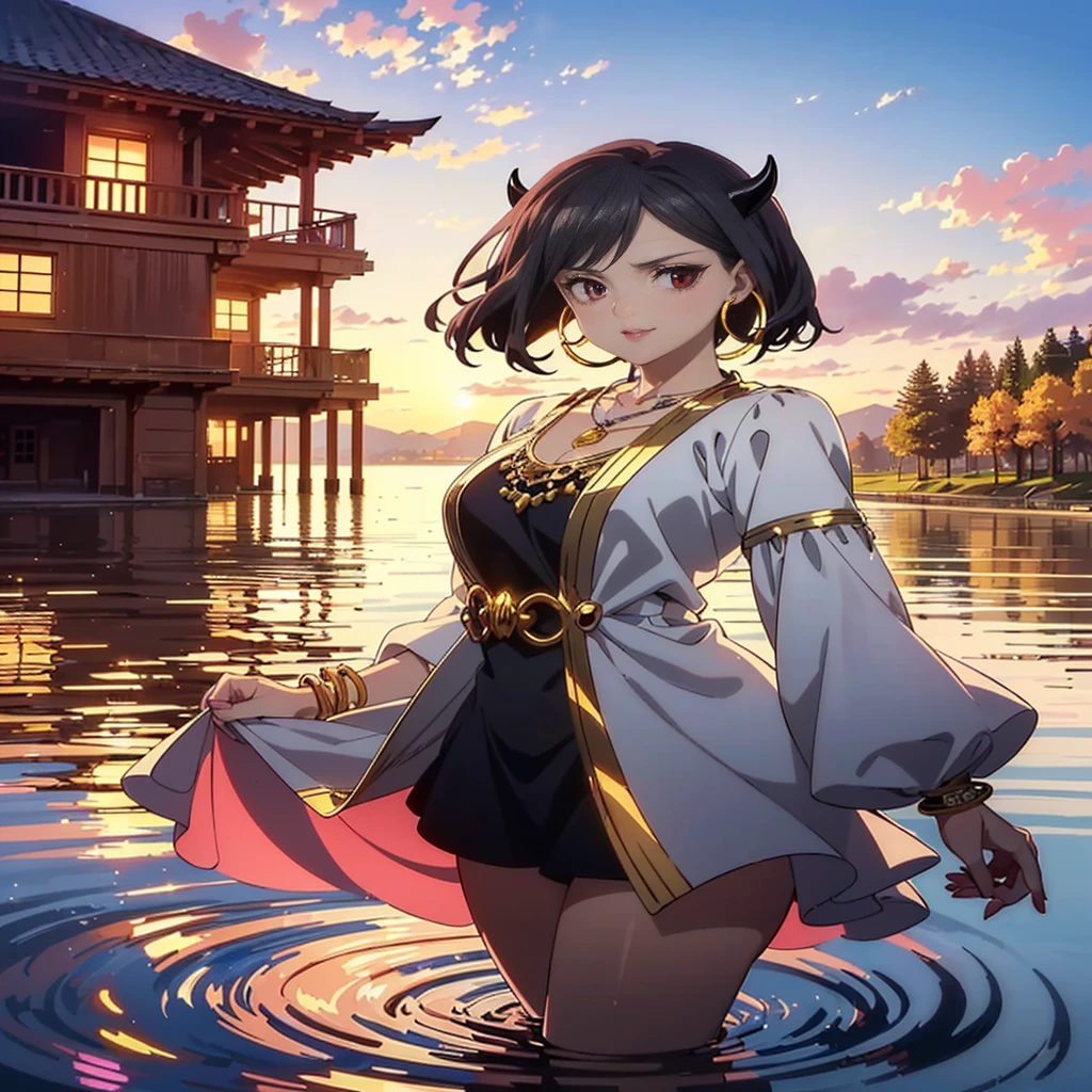 ((1girl, solo ,alone, Nero, Secre Swallowtail, illustration, (anime style, masterpiece, best quality), intricate details, 1girl, alone, Nero, black hair, short hair, red eyes, horns, black dress, black bulls, elegant delicate, reflection, shine, sophisticated, anime, manga, looking at the viewer, feathers)), ((solo, 1woman, pink lipstick, Extremely detailed, ambient soft lighting, 4k, perfect eyes, a perfect face, perfect lighting, a 1girl)), austere, ((white dress, black dress, puffy dress, short dress, long sleeve dress, dress with gold ornament, dress with gold details, on the lake, sunset, houses in the background, water, trees, fine jewelry, bracelets, amethyst necklace, hoop earrings))，8k GC wallpaper 