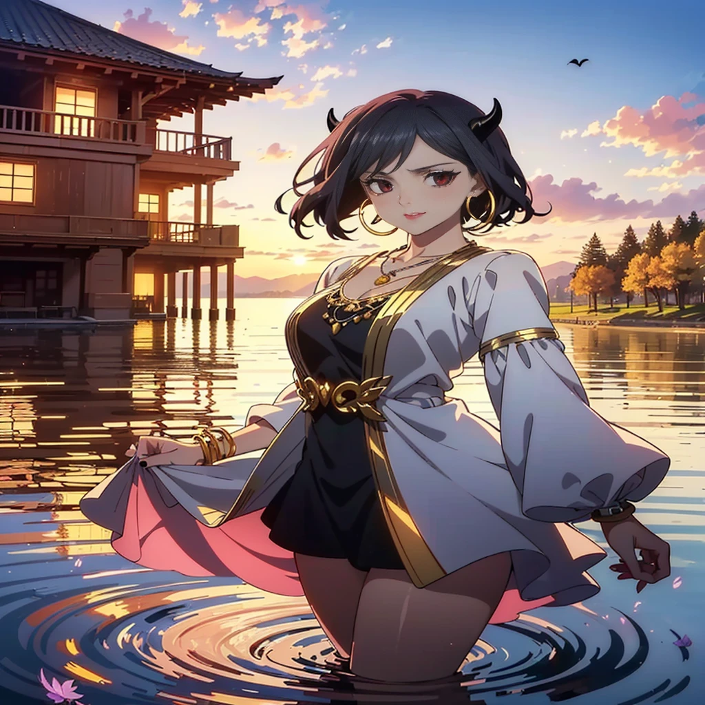 ((1girl, solo ,alone, Nero, Secre Swallowtail, illustration, (anime style, masterpiece, best quality), intricate details, 1girl, alone, Nero, black hair, short hair, red eyes, horns, black dress, black bulls, elegant delicate, reflection, shine, sophisticated, anime, manga, looking at the viewer, feathers)), ((solo, 1woman, pink lipstick, Extremely detailed, ambient soft lighting, 4k, perfect eyes, a perfect face, perfect lighting, a 1girl)), austere, ((white dress, black dress, puffy dress, short dress, long sleeve dress, dress with gold ornament, dress with gold details, on the lake, sunset, houses in the background, water, trees, fine jewelry, bracelets, amethyst necklace, hoop earrings))，8k GC wallpaper 