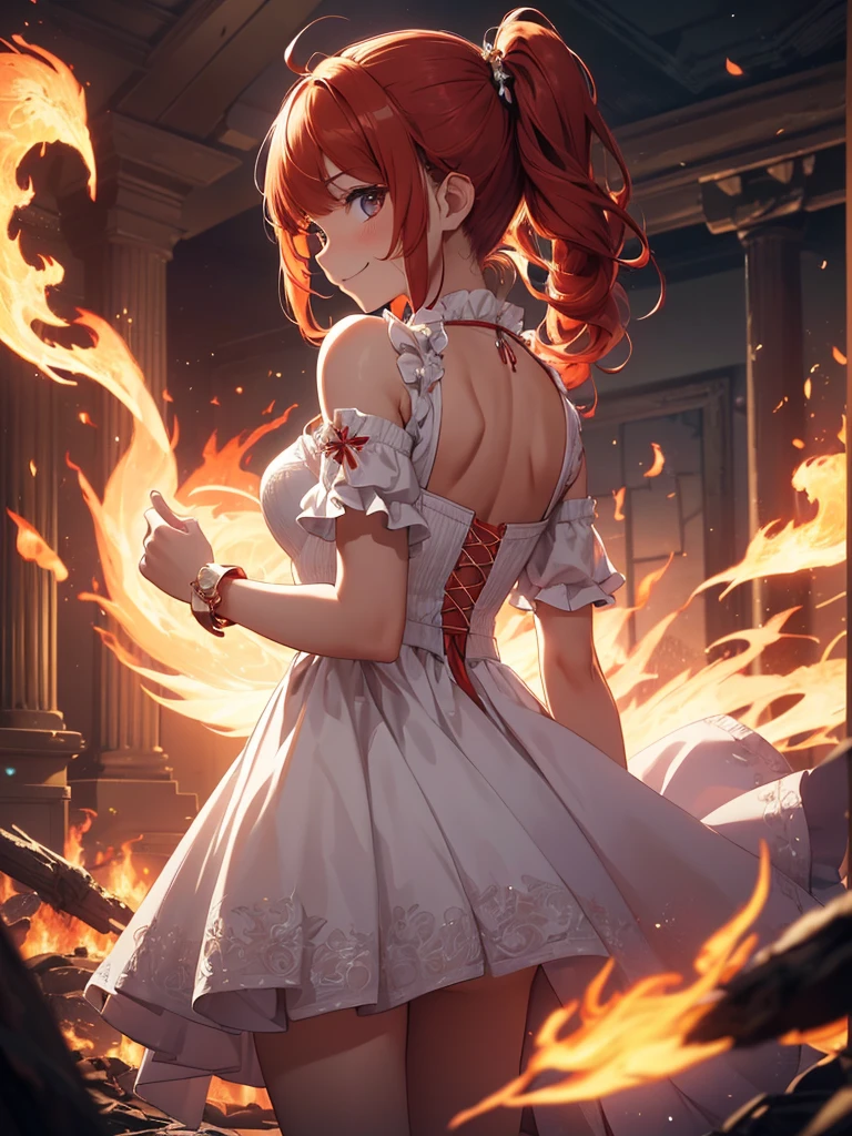 (((best quality, sharp image, clear image, cinematic lighting, 8k resolution, masterpiece, ultra detailed, intricate))) Girl, (((looking over left shoulder))), (shot from behind), ((shot from hip up)), fiery red hair, pigtails, ((white dress)), ((flaming sigils, flaming runes)), spiky rock formations, (flaming lotus flowers frame), (intricate background), ((Phoenix)), (swirling flames), smiling