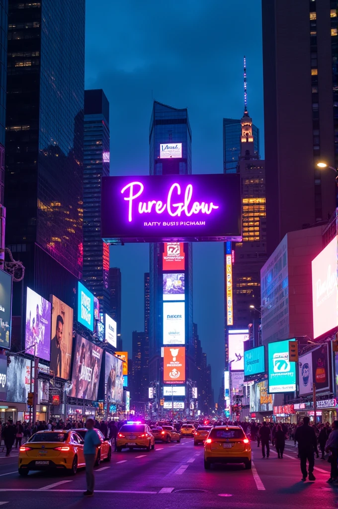 A realistic big city screen with the name written "pureglow" in purple