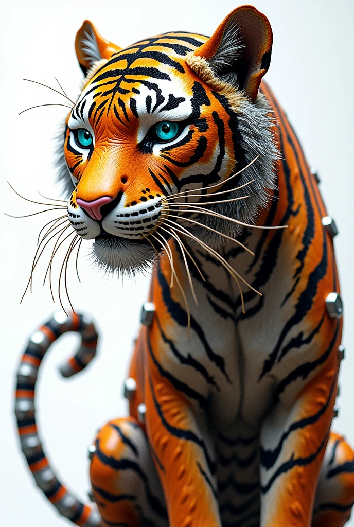 An intricate and creative artwork of a colorful tiger meticulously crafted from gears, cogs, and nuts. The tiger's eyes are made from large gears that have been polished to a sparkling shine. The fur is a mix of colors, and the overall composition creates a sense of steampunk-inspired charm. The white background emphasizes the intricate details and textures of the mechanical tiger, making it an attractive and unique artwork.