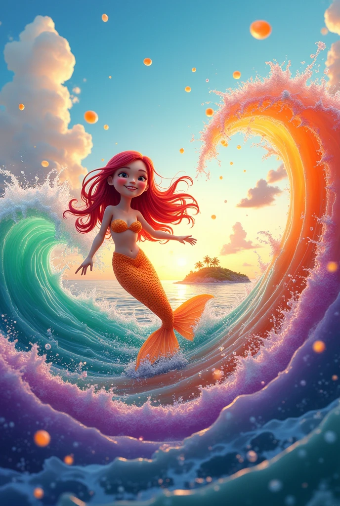 a beautiful nude mermaid with big messy hair, holds a conch shell up to the sun, full body, vibrant, colorful stardust and dynamic lighting, cute detailed digital art, colorful, digital fantasy art, digital fantasy art, glossy digital painting, pastel vibrant