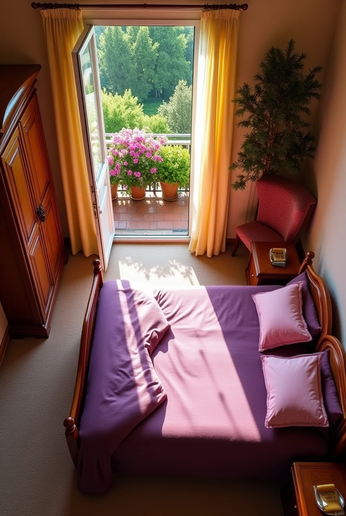 From an aerial view, the spacious bedroom features a wooden bed dressed in a purple bedsheet with pink pillow covers. Nearby, a wardrobe is neatly positioned. An open window, adorned with sheer yellow curtains, leads to a balcony where colorful flowers adorn the railings, adding a touch of vibrant charm to the room.