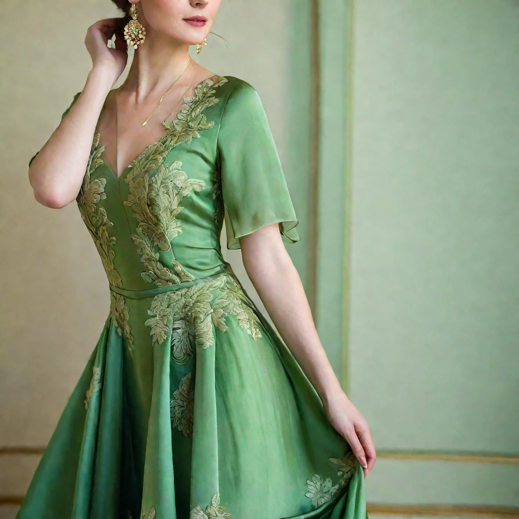 a close up of a woman in a green dress posing for a picture, soft silk dress, green dress, light green dress, Elegant dress, wearing an elegant dress, silk dress, non-rococo style dress, royal dress, brocade dress, an elegant green, with a thin waist, costume dress, extravagant dress, Cetim